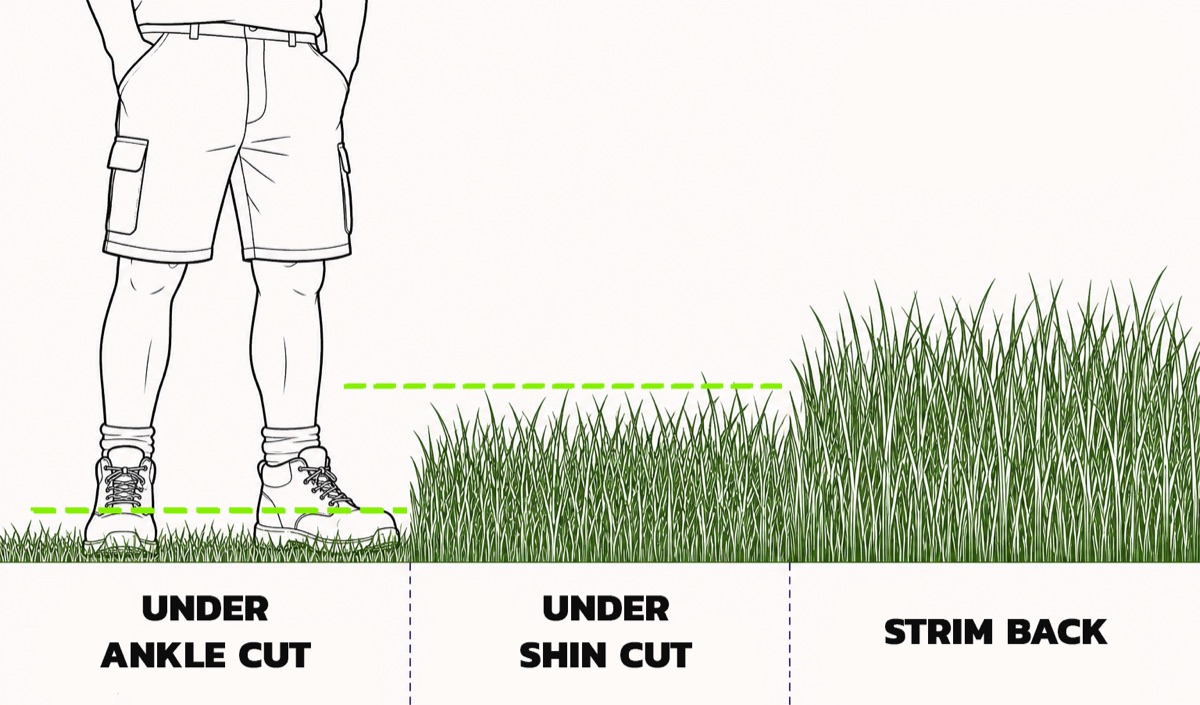 Grass height guide: under ankle is a routine cut, ankle to shin is a long cut, over the shin needs strimming back.