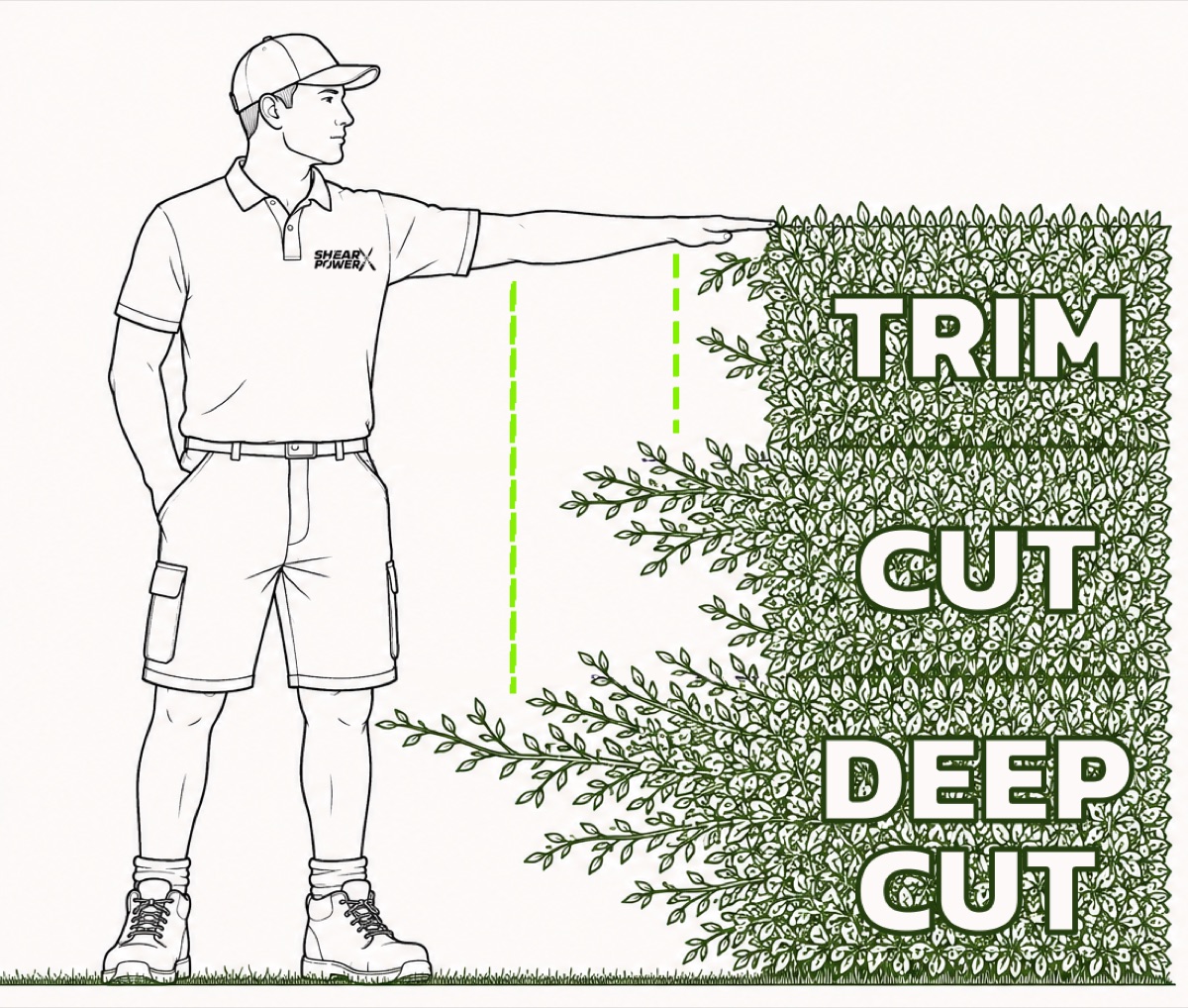 Hedge cut guide: a hand's length is a trim, elbow to fingertips is a standard cut, further than that is a deep cut.