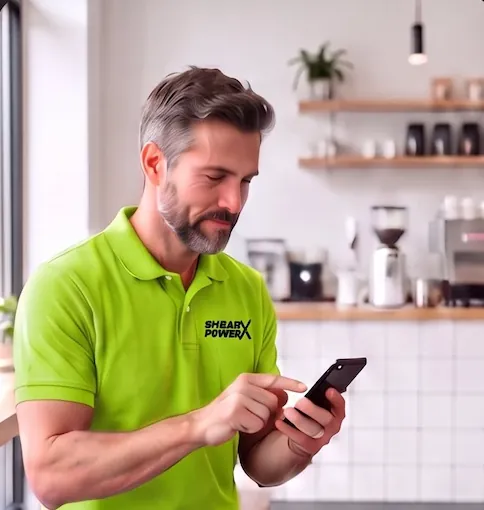 A Shear Power operator in a lime polo, relaxed in a café, checking the day on a phone