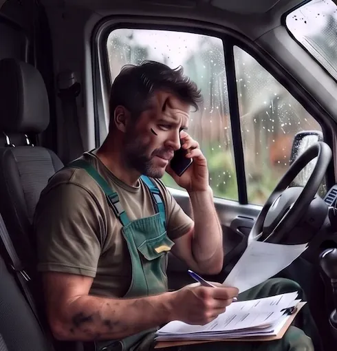 A gardener sitting in a van in the rain, on the phone, with a lapful of paperwork