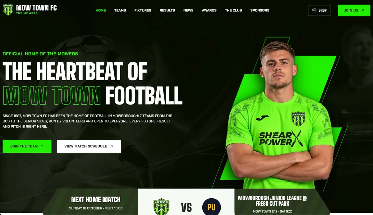 Mow Town FC's public club website, built on GrassrootsClub