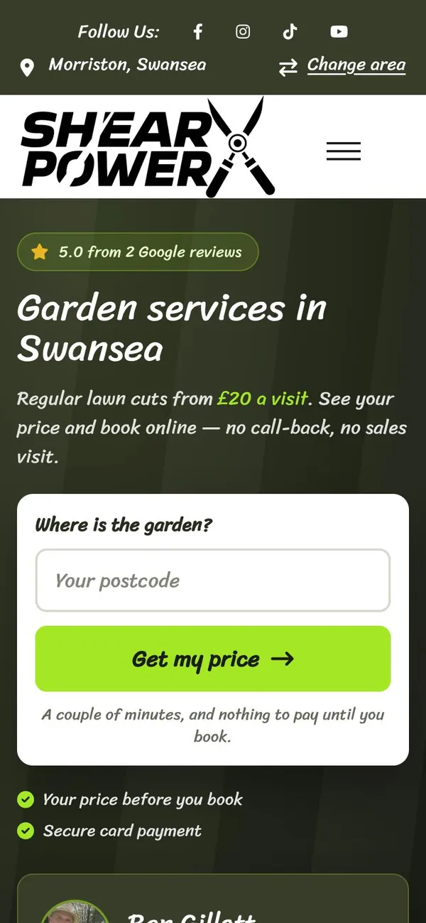What a customer sees on their phone: the Swansea area page with Get my price