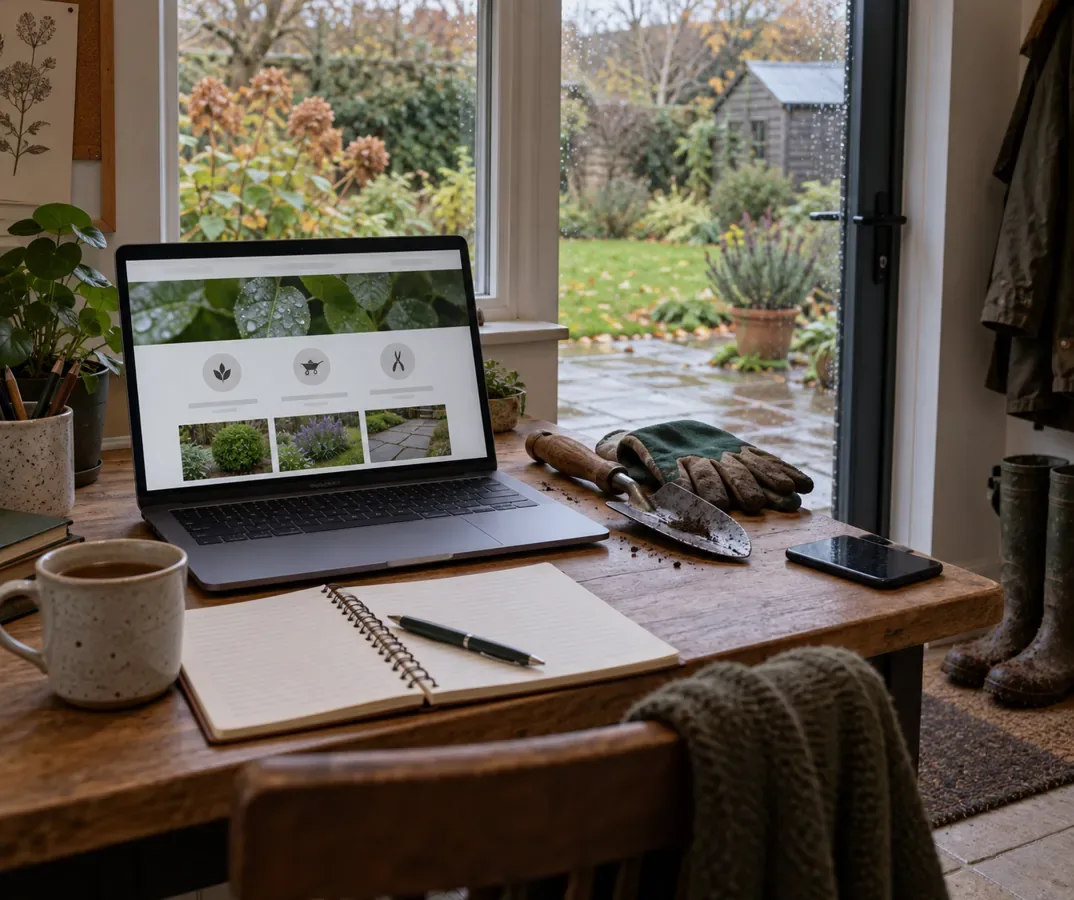 Gardening operator planning a simple website service page beside a damp UK garden