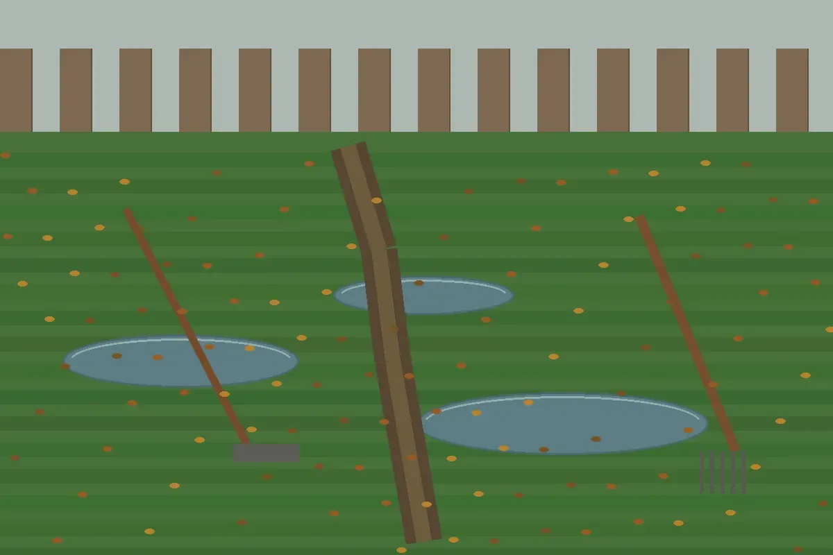 Illustration of a damp UK lawn with shallow puddles after rain