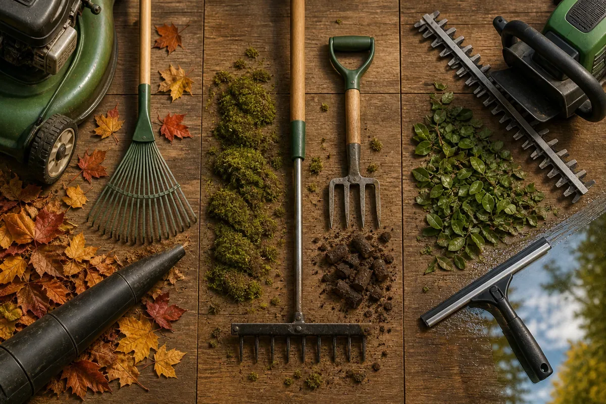 Autumn service band comparison shown with mowing, moss, hedge and window cleaning tools