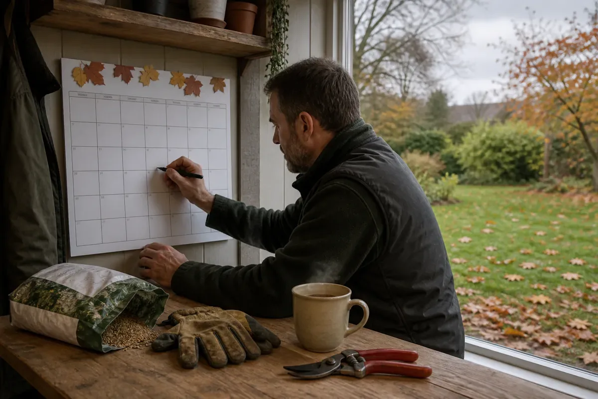 Gardener planning autumn maintenance visits beside gloves, seed and tools