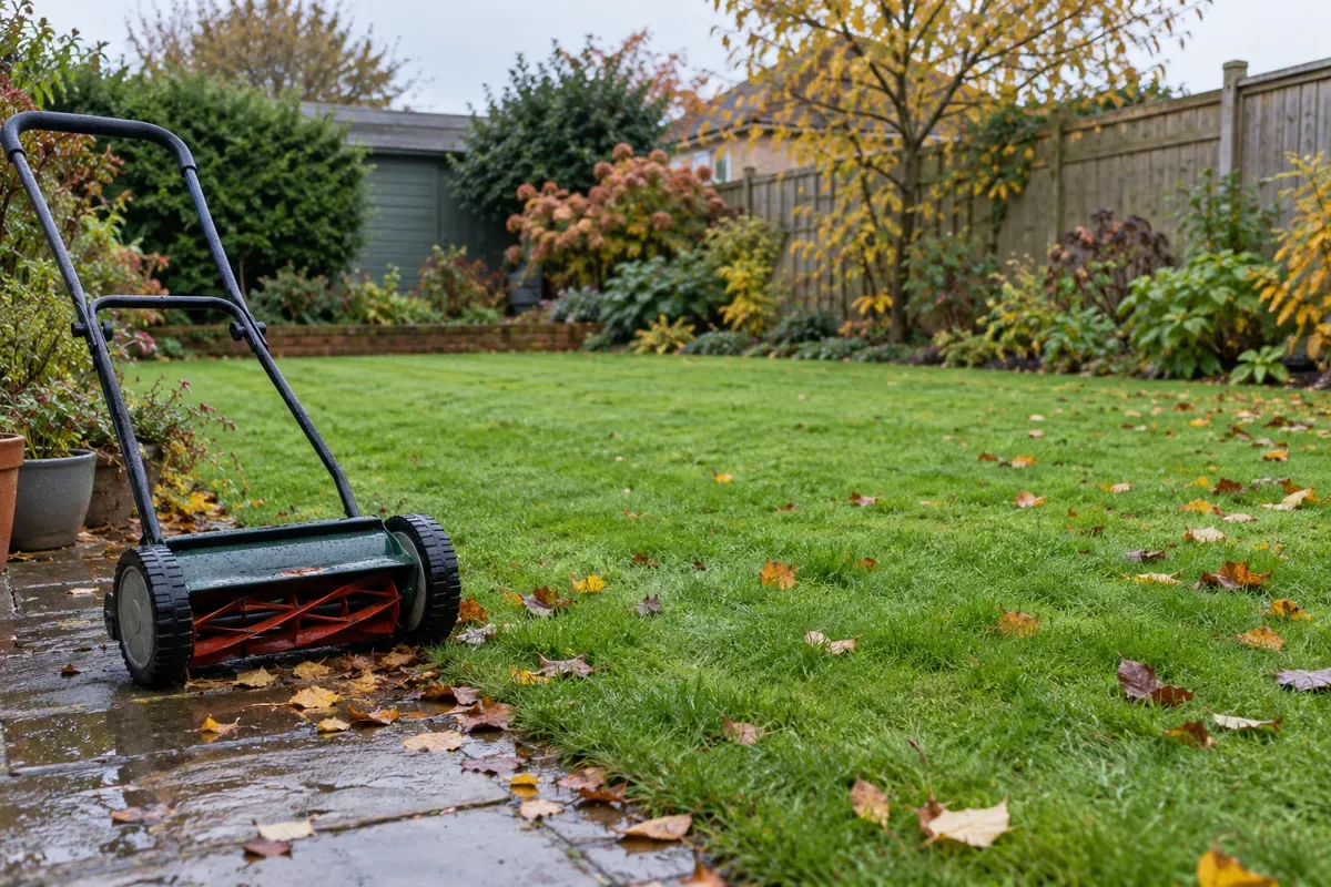 A damp UK lawn in autumn with a mower waiting on the path