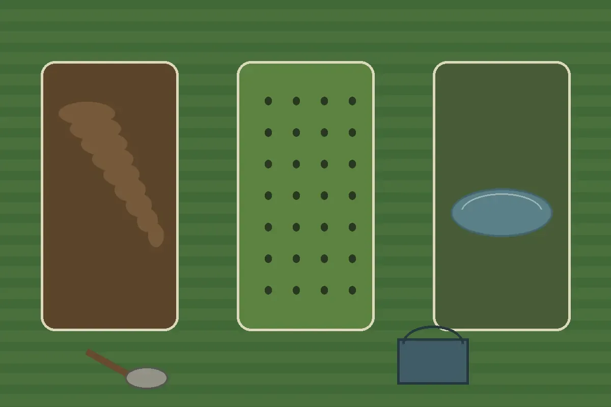 Illustration of three lawn checks for mud, aeration holes and standing water