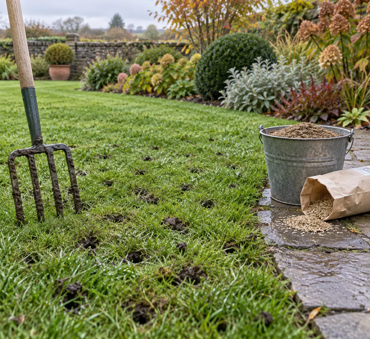 Garden fork, top dressing and grass seed beside a damp lawn ready for recovery work