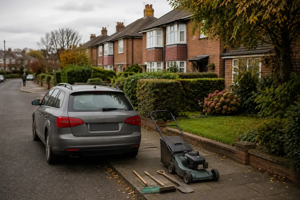 Illustrative UK street with a mower beside an estate car for a compact mowing round