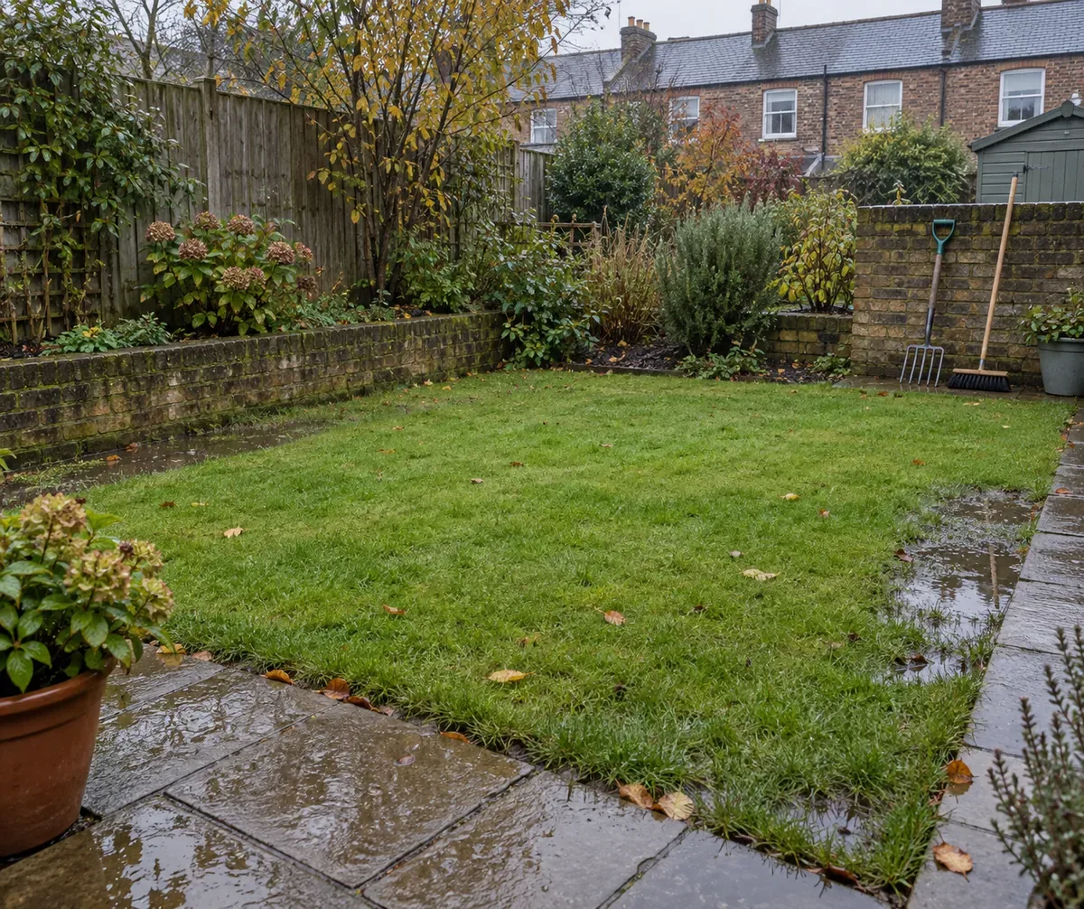 Small UK lawn with puddles along the patio edge after heavy rain