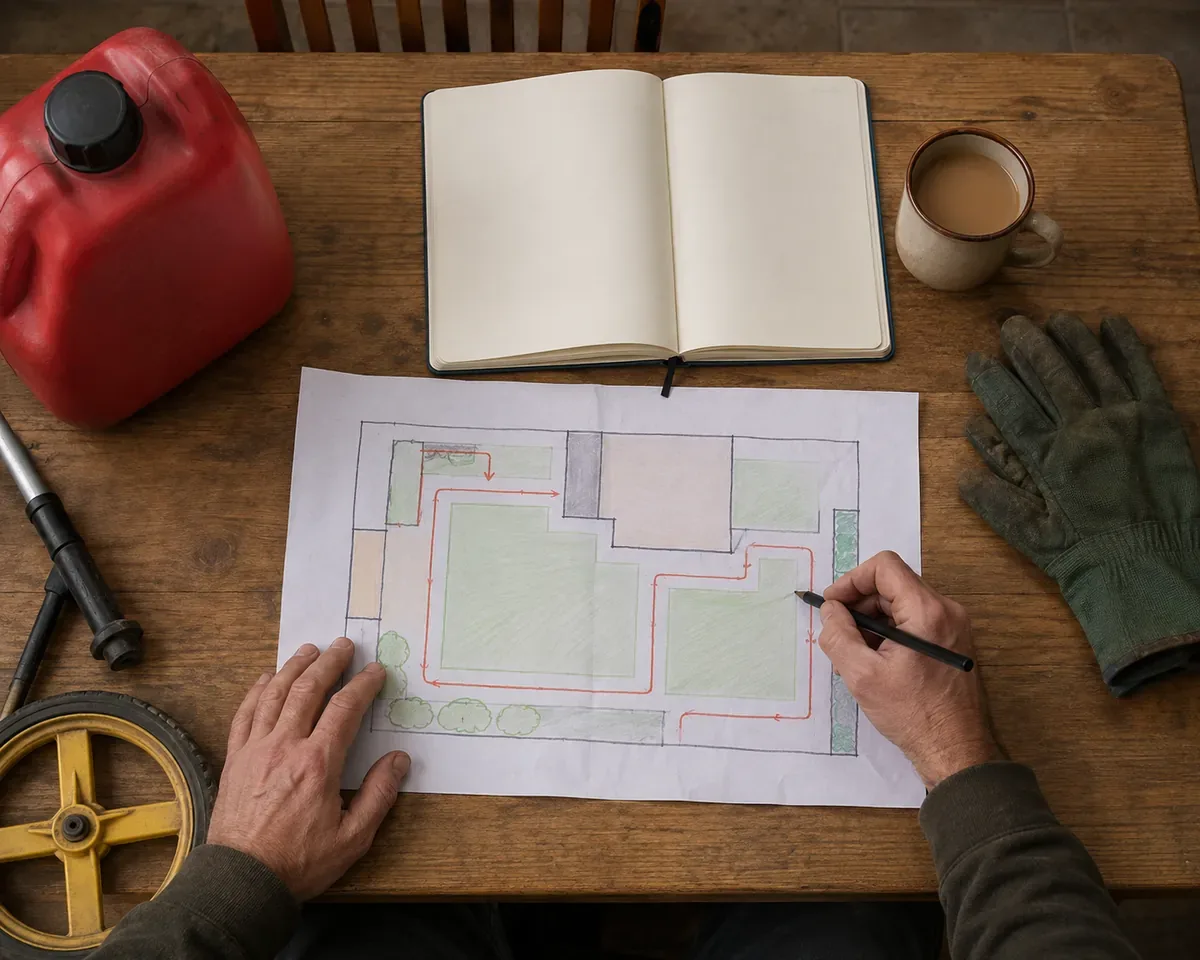 Illustrative route planning scene with a blank garden sketch, gloves and tools on a table