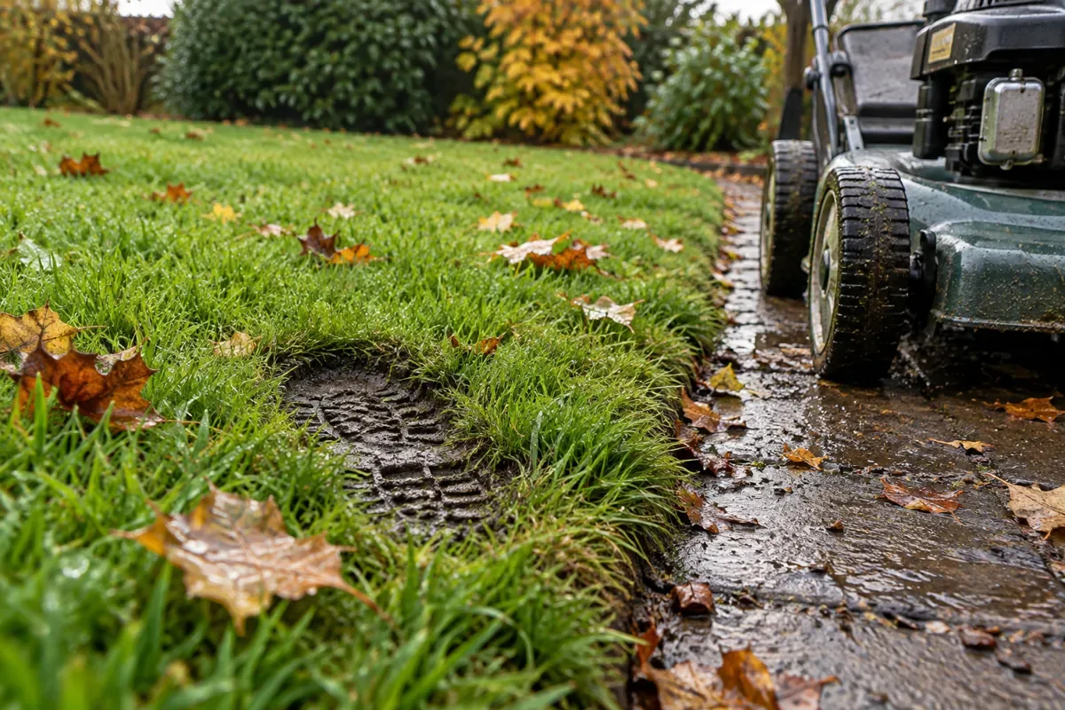 A wet lawn edge with a boot mark showing soft ground beside a path