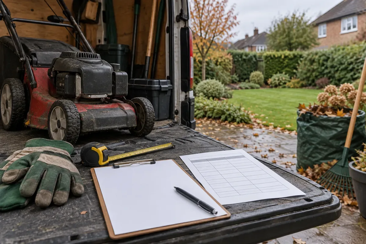 Gardener quote kit with mower, tape measure, blank clipboard and pricing sheet in a UK garden setting
