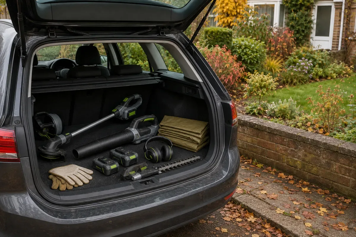 Illustrative estate car boot packed with compact battery garden tools for a local round