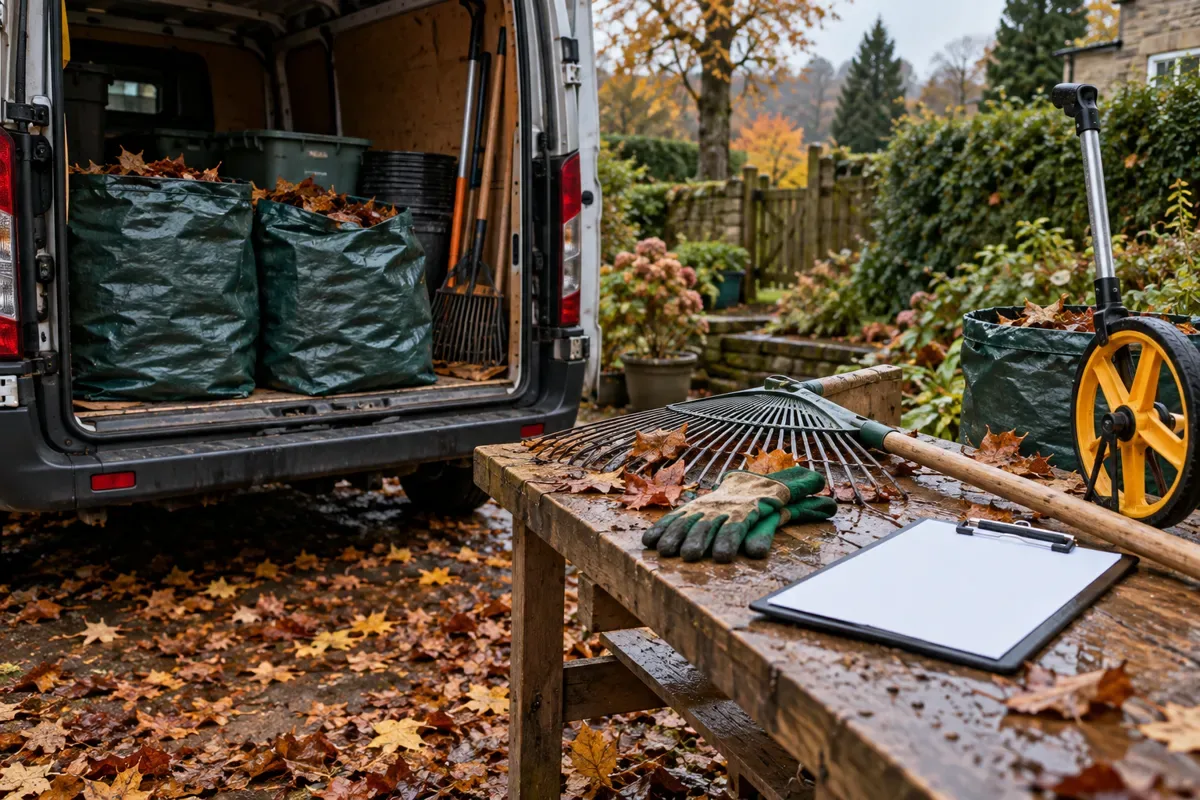 Unbranded van boot with leaf bags, rake, gloves and blank clipboard ready for a UK leaf clearing job