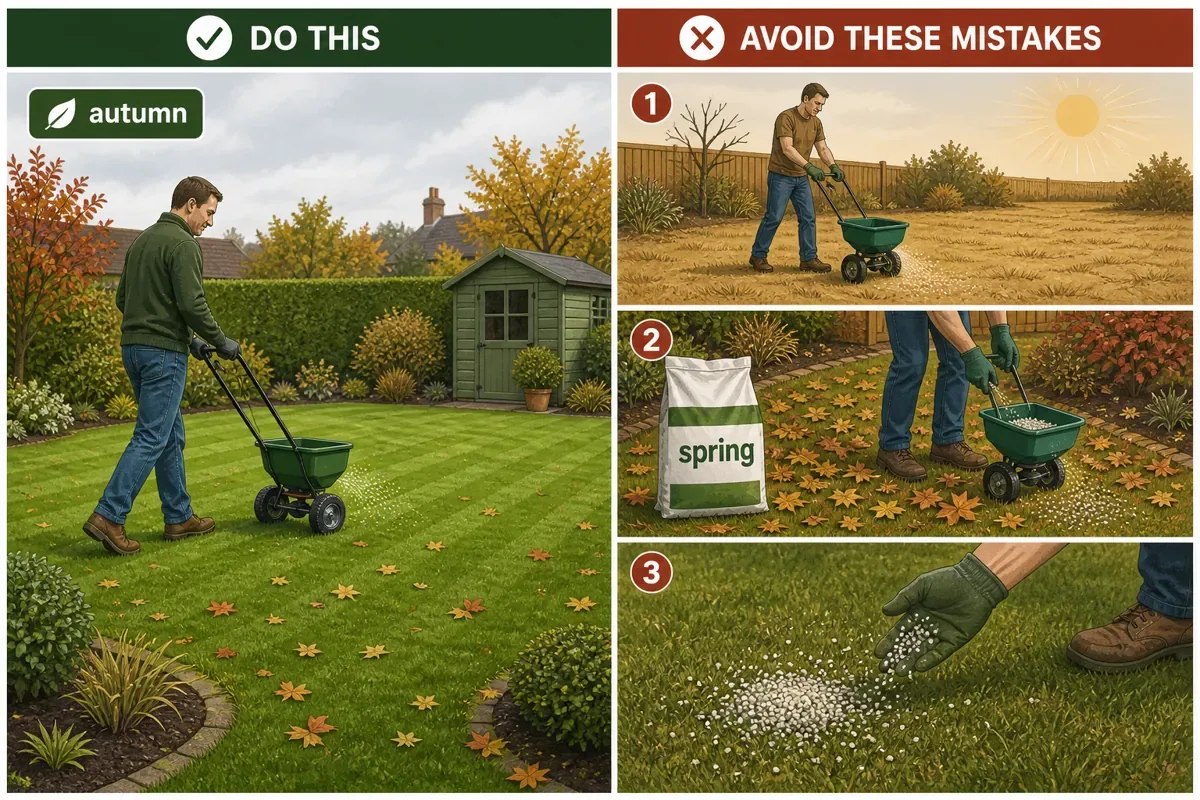Illustration comparing sensible autumn lawn feeding with common feeding mistakes