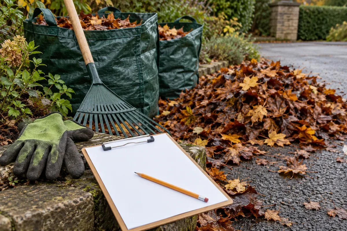 Blank clipboard, rake, gloves and leaf bags set beside damp autumn leaves for planning a leaf clearing quote