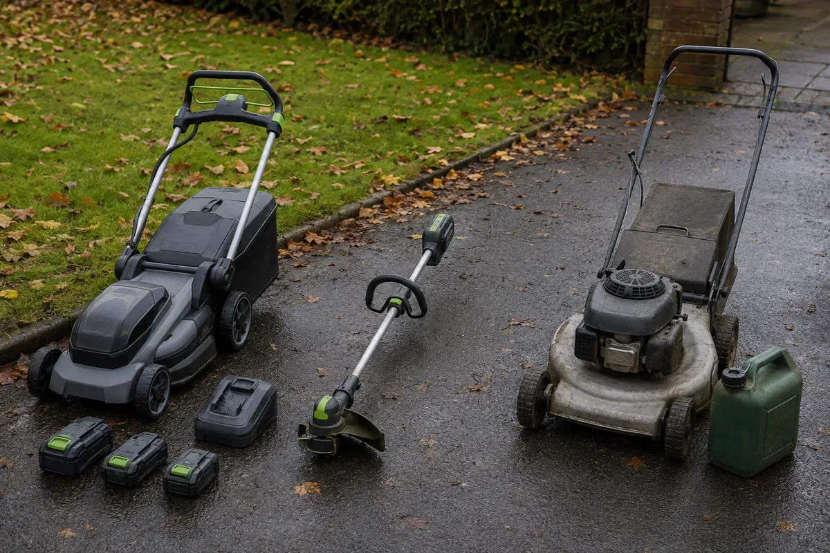 Illustrative comparison of battery and petrol lawn care tools on a wet UK driveway