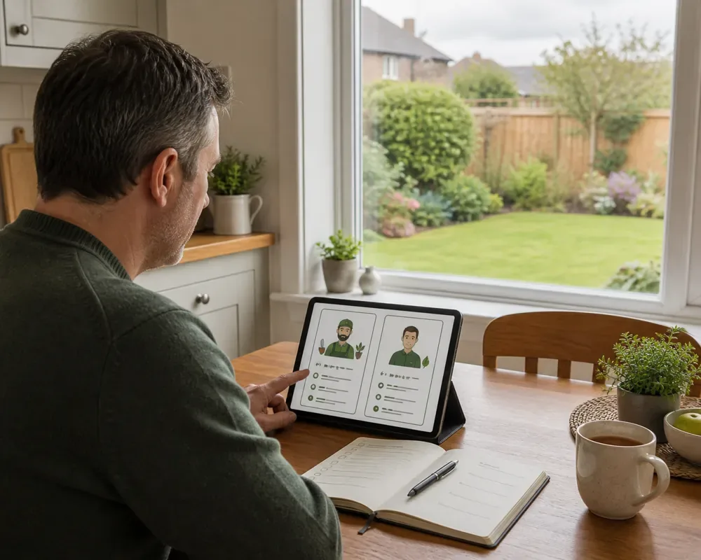 Illustration of a homeowner comparing gardener profiles on a tablet with notes beside it