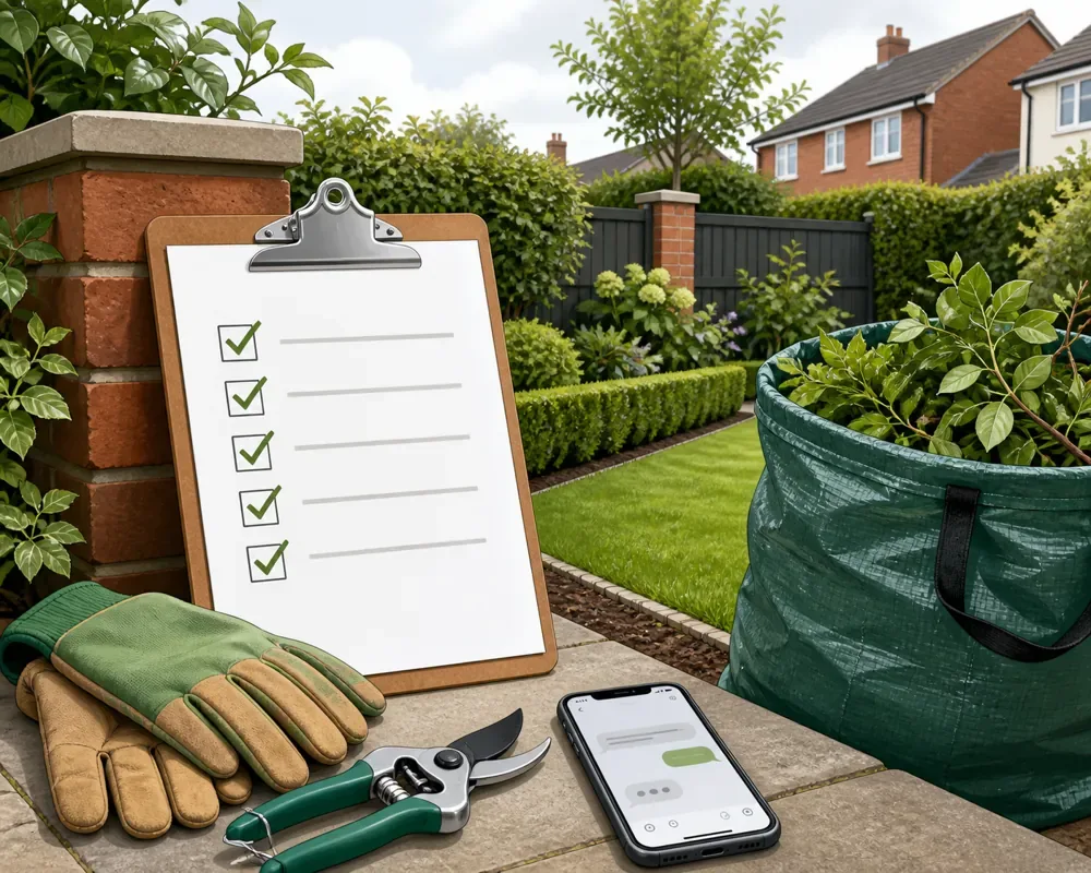 Illustration of a garden service checklist with gloves, secateurs and a phone